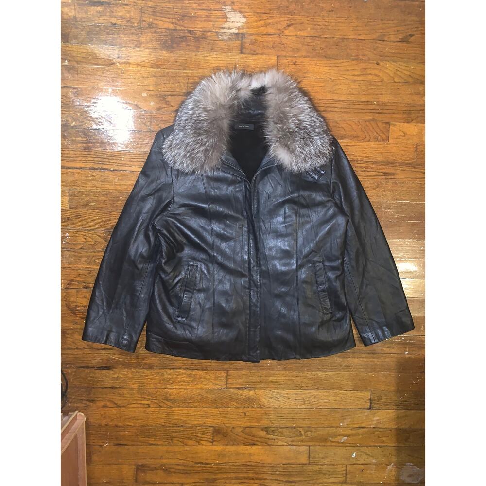 Black Leather Jacket Genuine Fur Collar Womens Medium Large Removable Liner